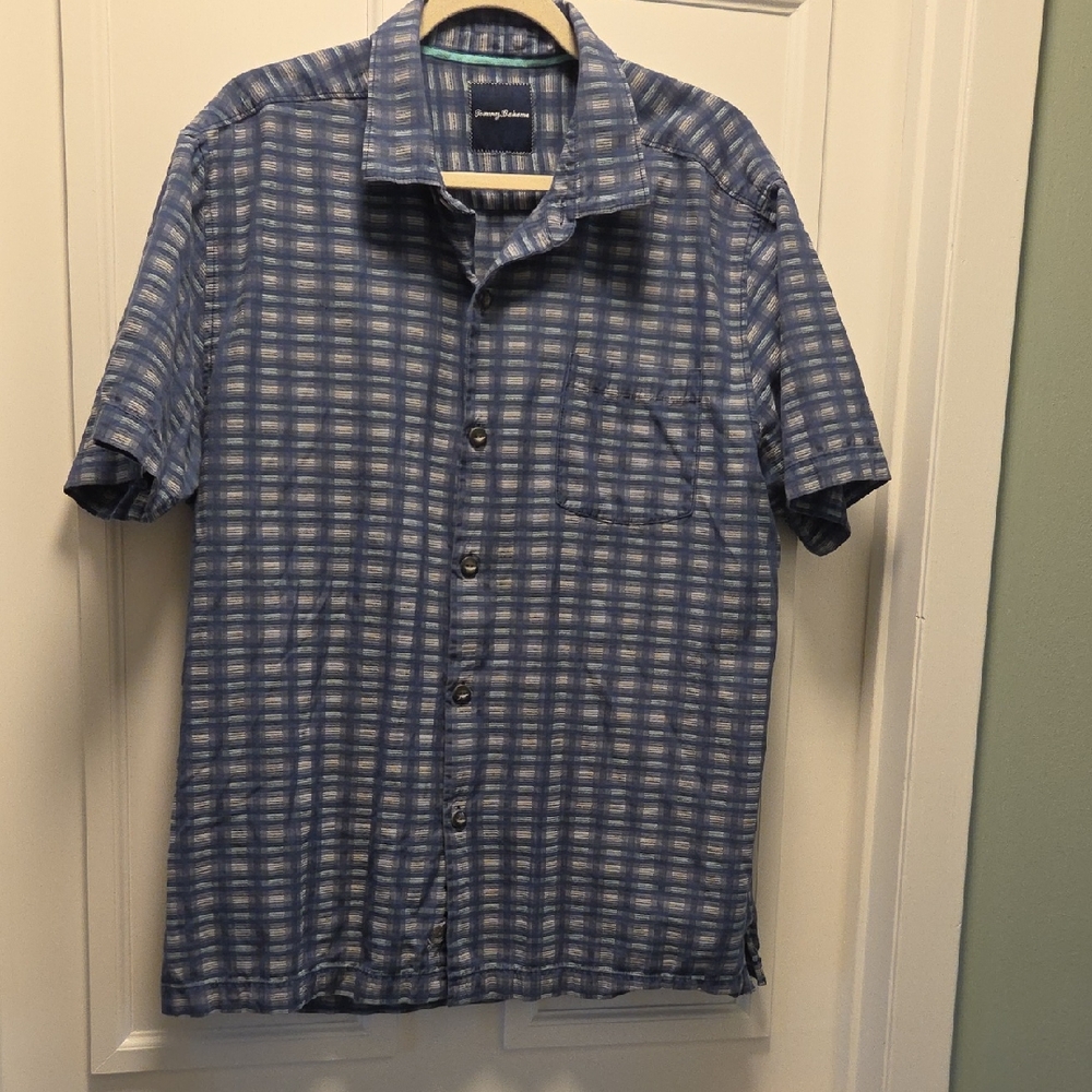 Tommy Bahama Silk & Cotton Blue Plaid Casual Shirt